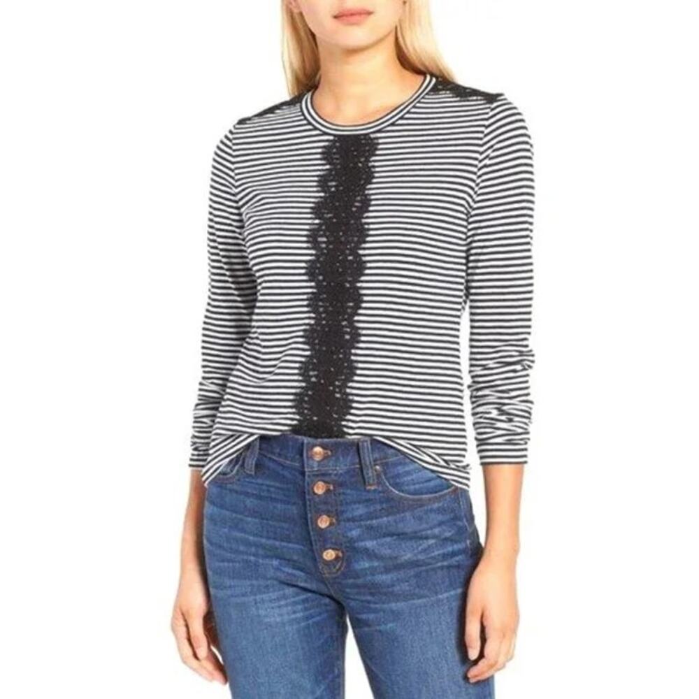 J. Crew Striped Top T-Shirt with Lace Trim Size XS Navy Long Sleeve Linen Cotton